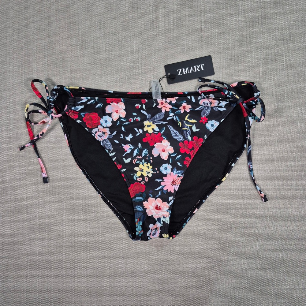 ZMART Womens Floral Side Tie Bikini Bottom Black Multi Color Mid Rise Size Large